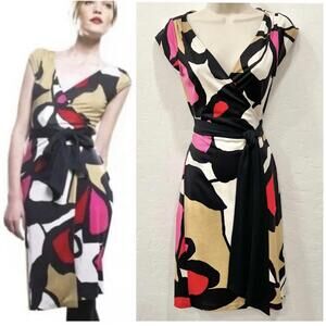 Diane von Furstenberg Wrap Dress 8 Multicolor 100% Silk Cap Sleeve Abstract
